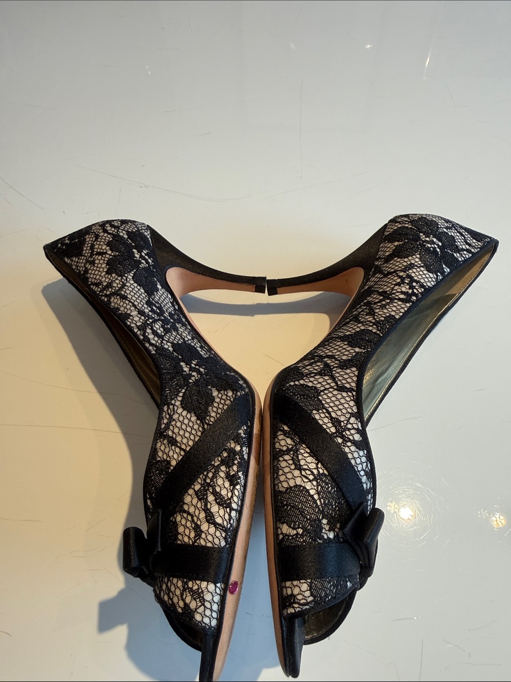 Ann Taylor Monique Black Lace Peep-Toe Heels with Bow Accent 3 inch heel size 8 - Picture 10 of 14